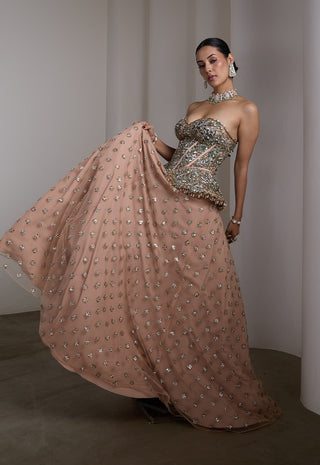 Pink gold embellished corset lehenga and corset