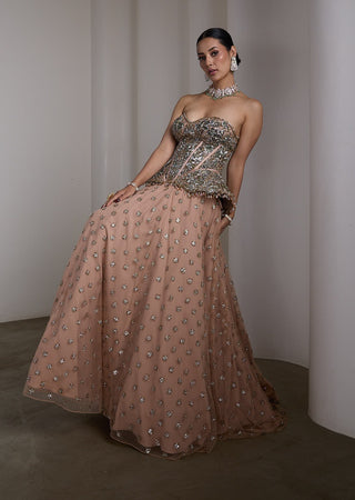 Pink gold embellished corset lehenga and corset