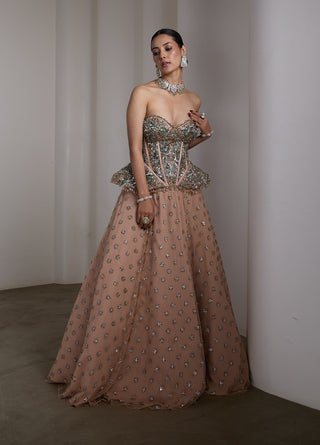 Pink gold embellished corset lehenga and corset