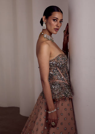 Pink gold embellished corset lehenga and corset