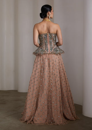 Pink gold embellished corset lehenga and corset