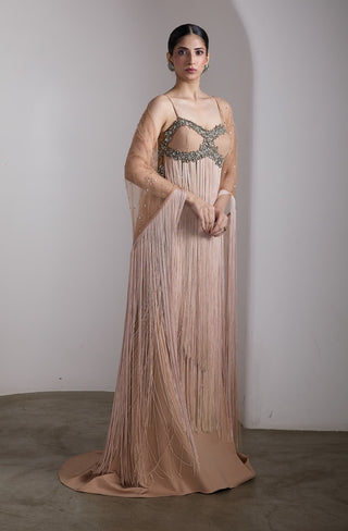 Nude fringe embellished cape gown