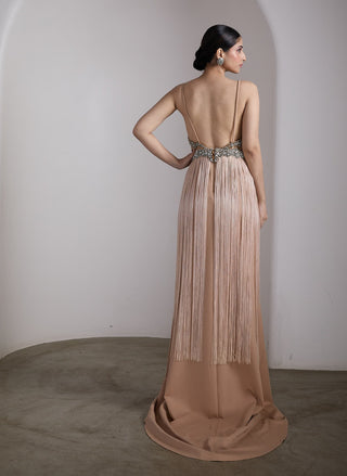Nude fringe embellished cape gown