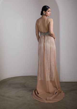 Nude fringe embellished cape gown
