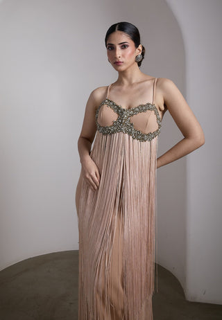 Nude fringe embellished cape gown