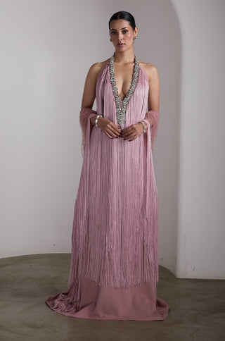 Pink fringe embellished cape gown