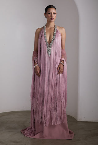 Pink fringe embellished cape gown