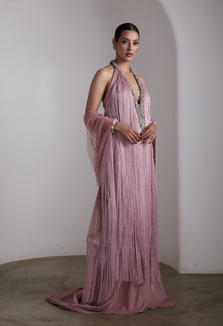 Pink fringe embellished cape gown