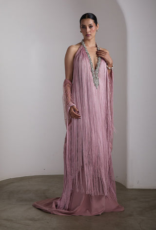 Pink fringe embellished cape gown