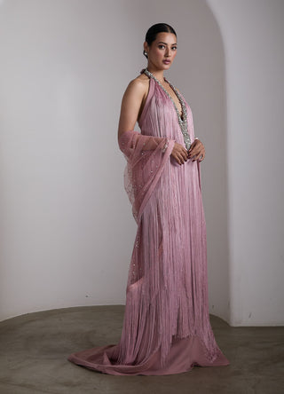 Pink fringe embellished cape gown