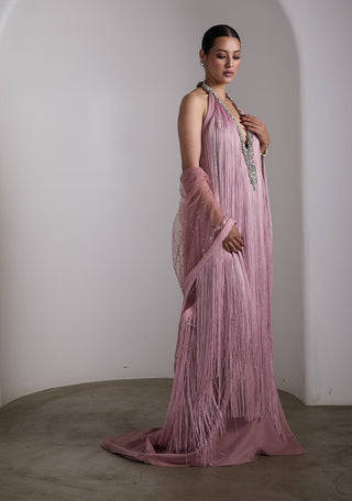 Pink fringe embellished cape gown
