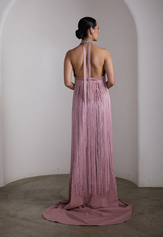 Pink fringe embellished cape gown