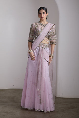 Pink beaded draped sari and blouse