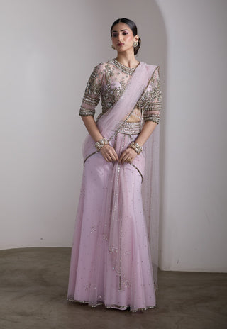 Pink beaded draped sari and blouse
