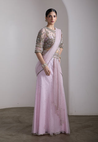 Pink beaded draped sari and blouse