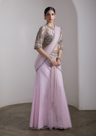 Pink beaded draped sari and blouse