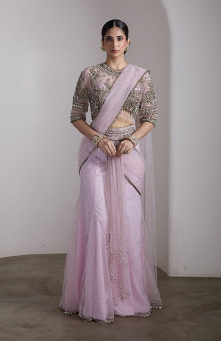 Pink beaded draped sari and blouse