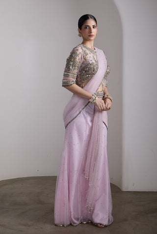 Pink beaded draped sari and blouse