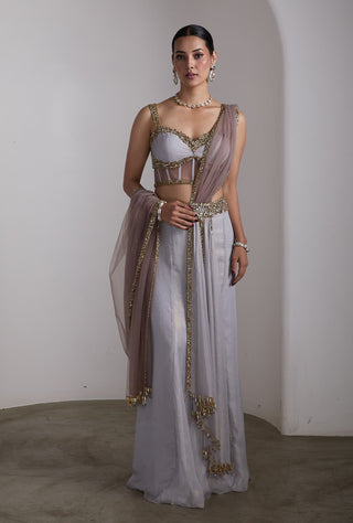 Grey gold corset draped sari and blouse
