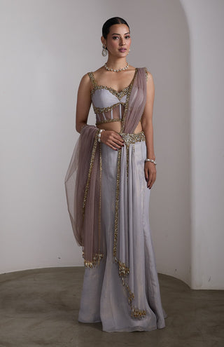 Grey gold corset draped sari and blouse