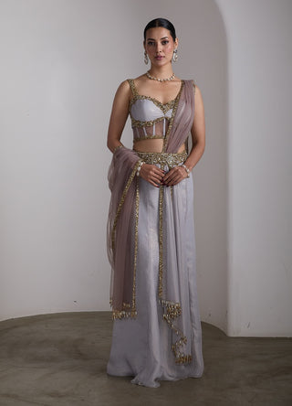 Grey gold corset draped sari and blouse