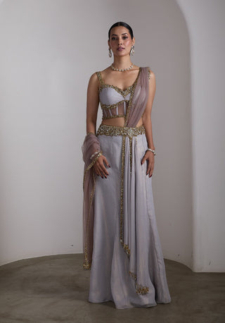 Grey gold corset draped sari and blouse