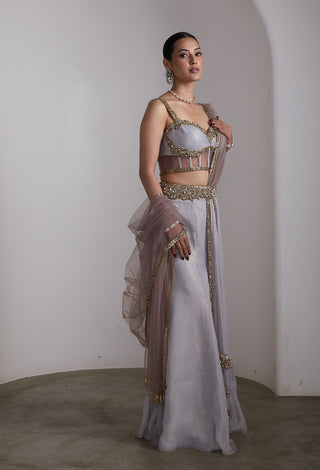Grey gold corset draped sari and blouse