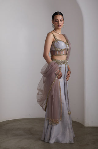 Grey gold corset draped sari and blouse