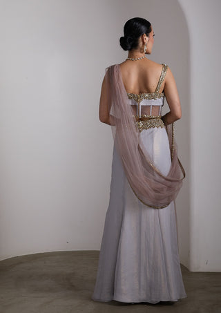 Grey gold corset draped sari and blouse