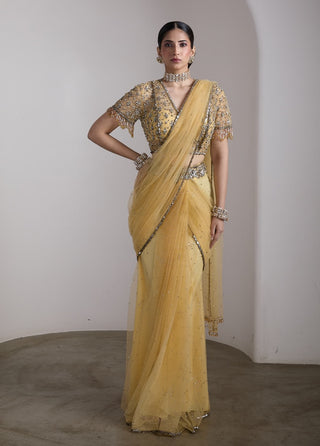 Sunshine yellow embellished draped sari set