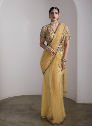 Sunshine yellow embellished draped sari set