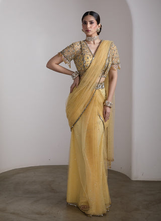 Sunshine yellow embellished draped sari set