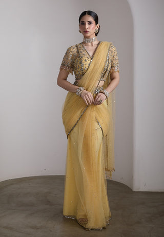 Sunshine yellow embellished draped sari set