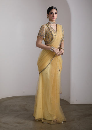 Sunshine yellow embellished draped sari set