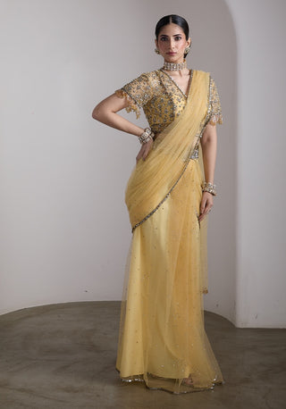 Sunshine yellow embellished draped sari set