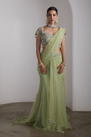 Emerald green embellished draped sari set