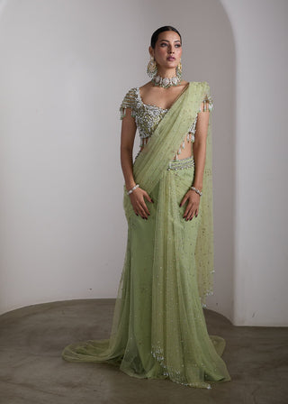 Emerald green embellished draped sari set