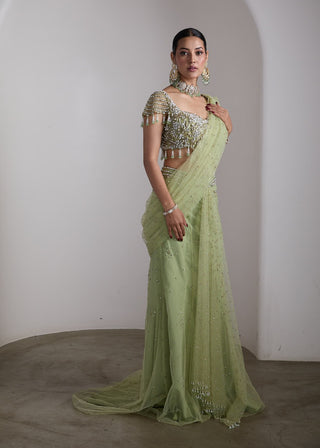 Emerald green embellished draped sari set