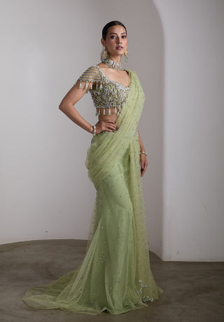Emerald green embellished draped sari set