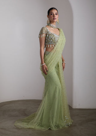 Emerald green embellished draped sari set