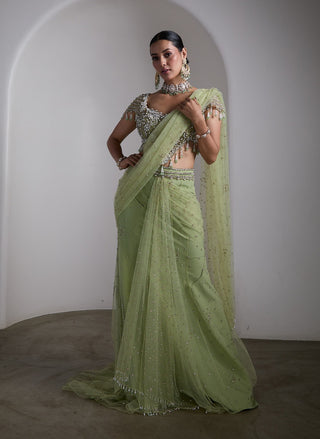 Emerald green embellished draped sari set