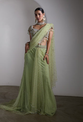 Emerald green embellished draped sari set