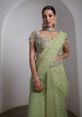 Emerald green embellished draped sari set