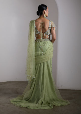 Emerald green embellished draped sari set