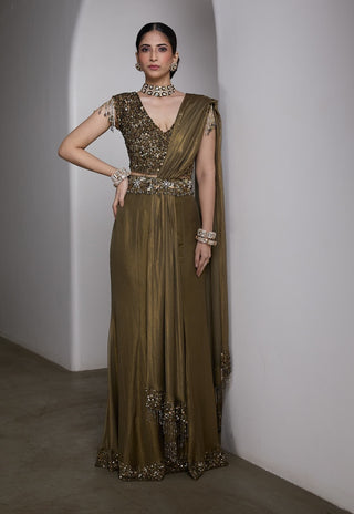 Olive gold embellished draped sari and blouse