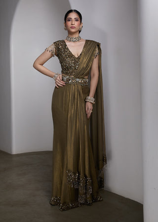 Olive gold embellished draped sari and blouse