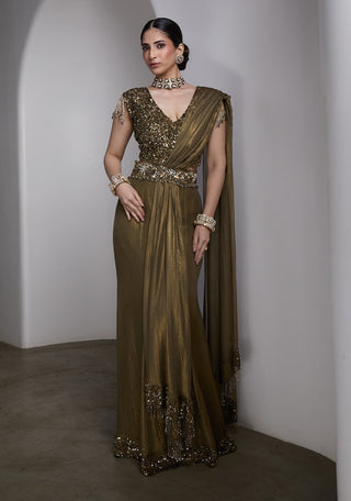 Olive gold embellished draped sari and blouse