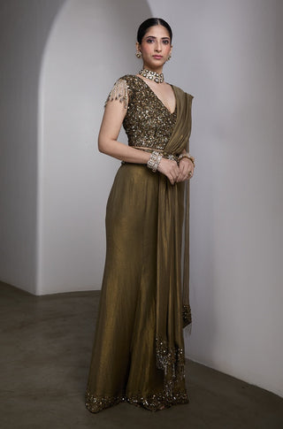 Olive gold embellished draped sari and blouse