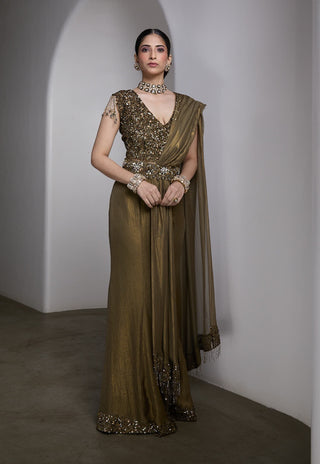 Olive gold embellished draped sari and blouse