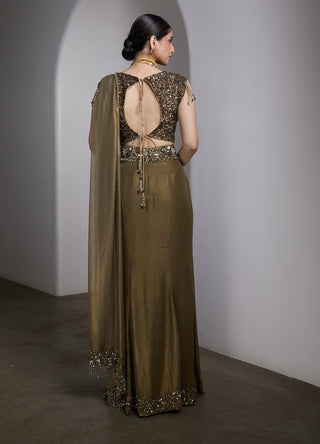 Olive gold embellished draped sari and blouse